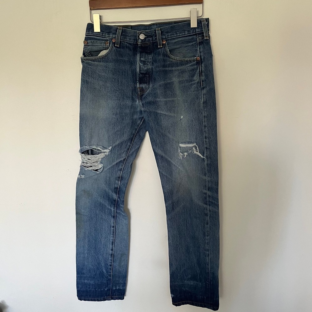 Levis 501 Vintage Distressed Straight Leg Jeans Blue W29 L32 Button Fly USA Made